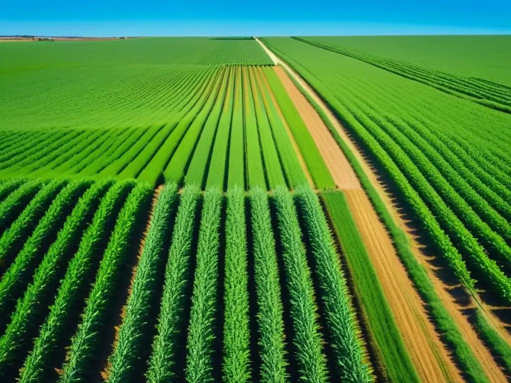 Un campo verde exuberante en Uruguay con cultivos alineados bajo un cielo azul claro, y una instalación agroindustrial tradicional en armonía