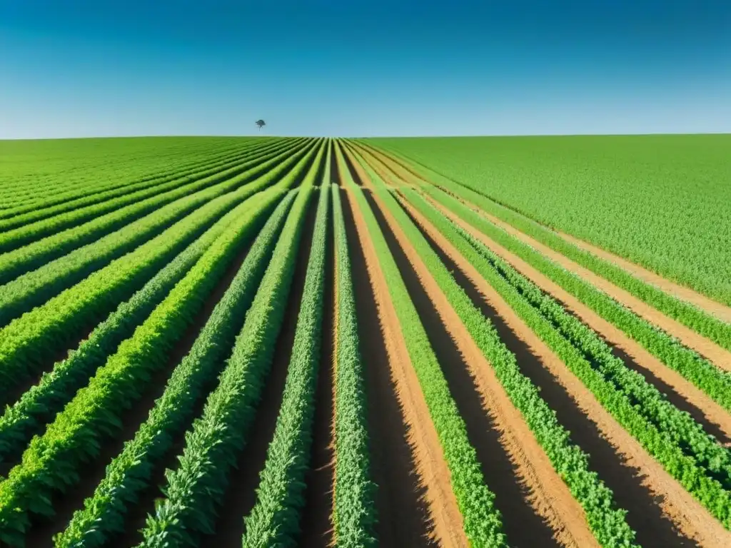 Un campo verde exuberante en Uruguay bajo el sol, con cultivos ordenados, reflejando la belleza y potencial agrícola