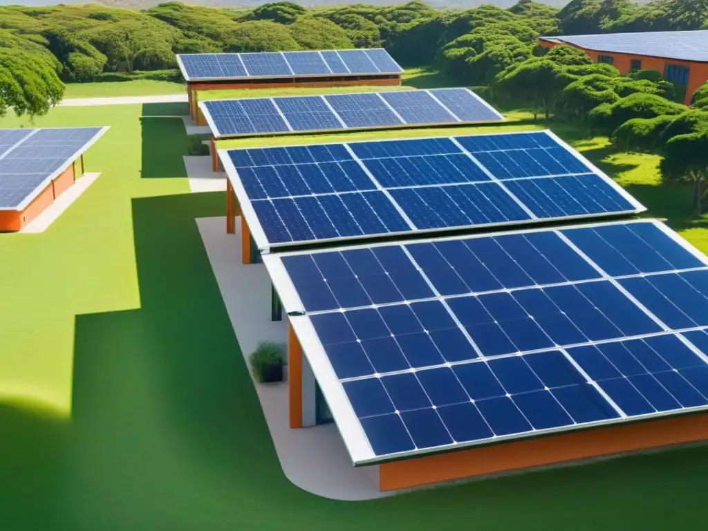 Un campus escolar verde en Uruguay con paneles solares, estudiantes diversos y actividades sostenibles