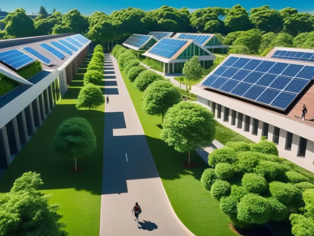 Campus universitario sostenible en Uruguay, con estudiantes entre edificios modernos y paneles solares, rodeado de naturaleza