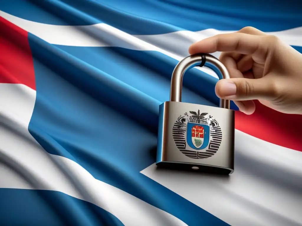 Un candado digital moderno con detalles de seguridad, sobre la bandera de Uruguay en interfaz digital