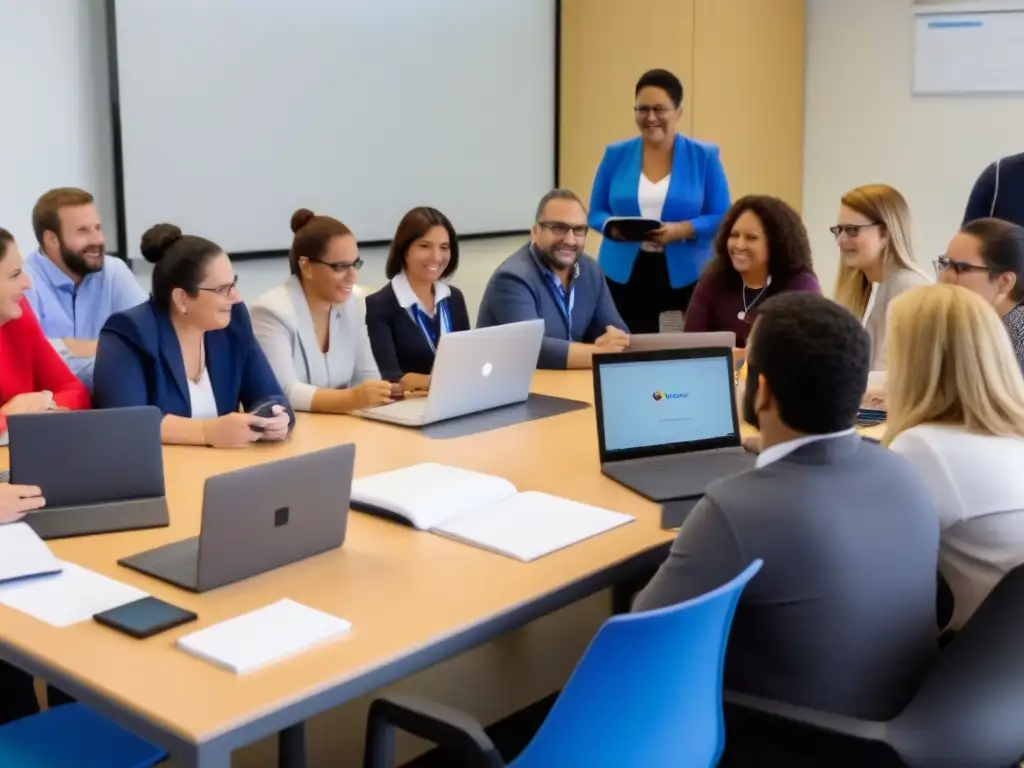 Capacitación docente en tecnologías educativas en Uruguay: grupo diverso de profesores colaborando en un taller con tecnología educativa moderna