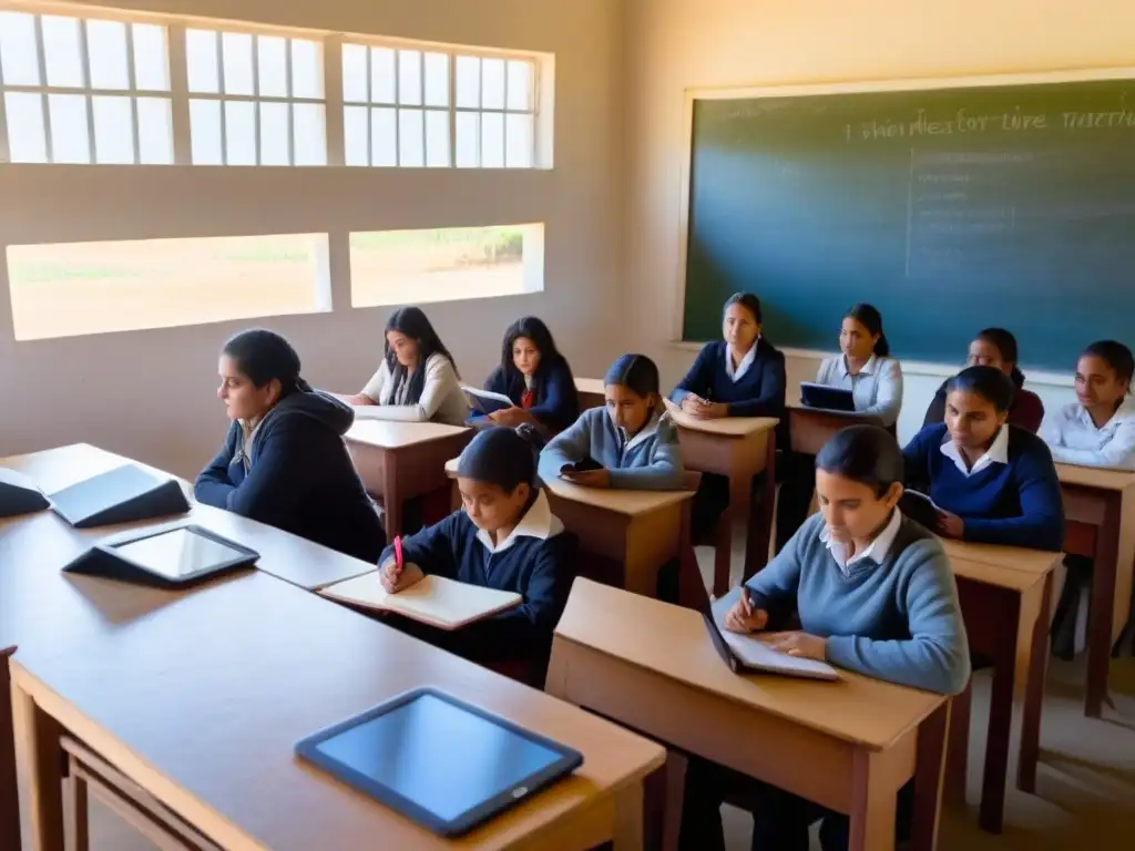 Capacitación docente en tecnologías móviles en aula rural iluminada por luz cálida, con diversidad y dispositivos modernos