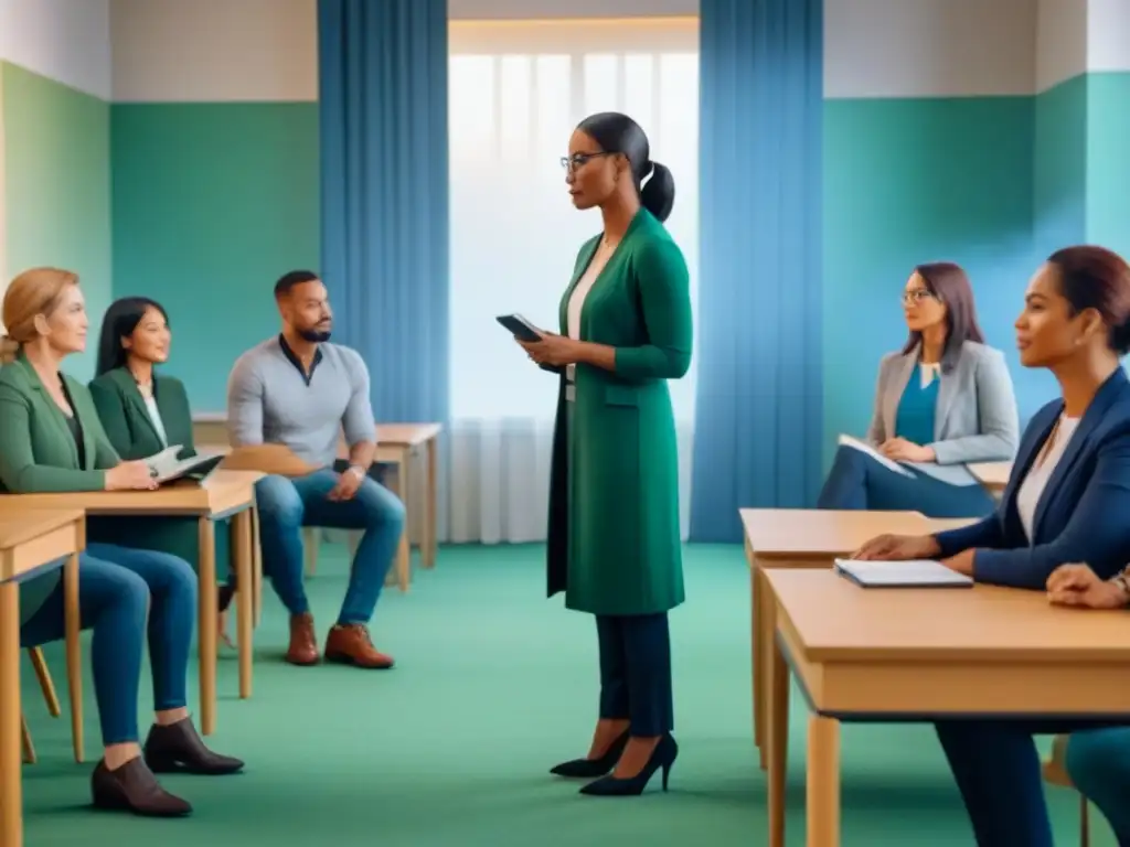 Capacitación docentes educación socioemocional en una aula acogedora donde diferentes maestros dialogan unidos