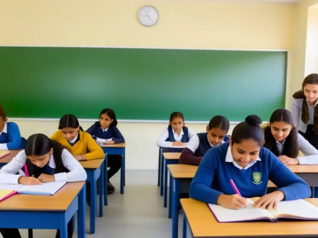 Capacitación docentes educación socioemocional Uruguay: Aula serena en Uruguay con alumnos diversos participando activamente en sesión socioemocional con profesor dedicado