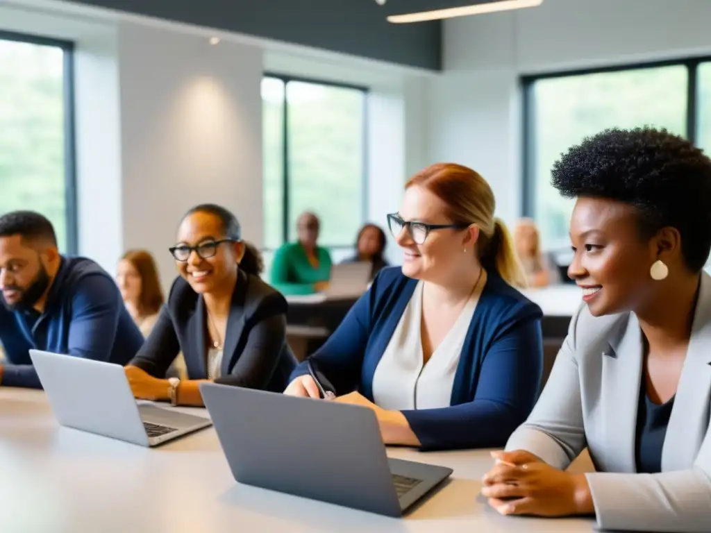 Capacitación docentes tecnologías educativas Uruguay: Profesionales diversos colaboran en taller educativo con tecnología