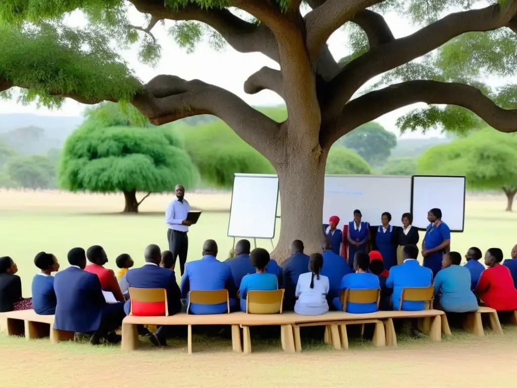 Capacitación de educadores en áreas rurales, creciendo juntos bajo un árbol en una sesión de desarrollo profesional