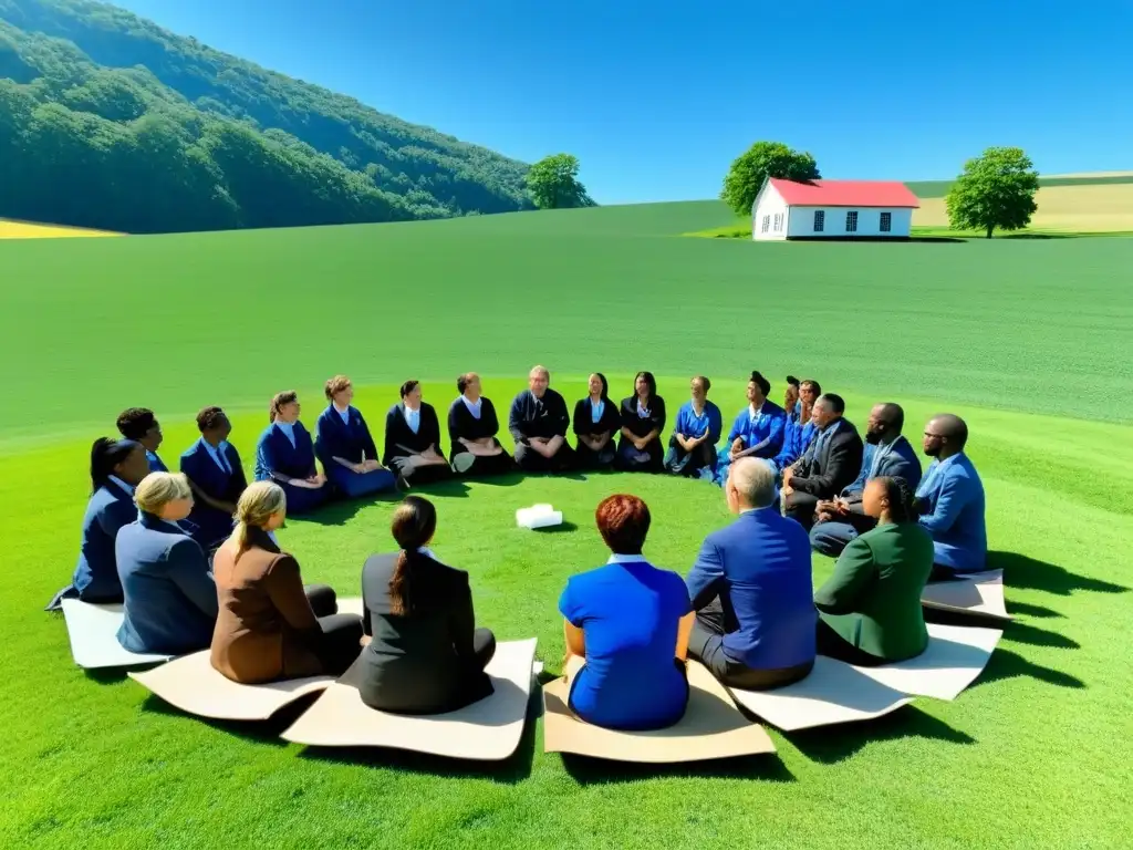 Capacitación de maestros rurales en primeros auxilios en escuela rural, bajo cielo azul y campos verdes