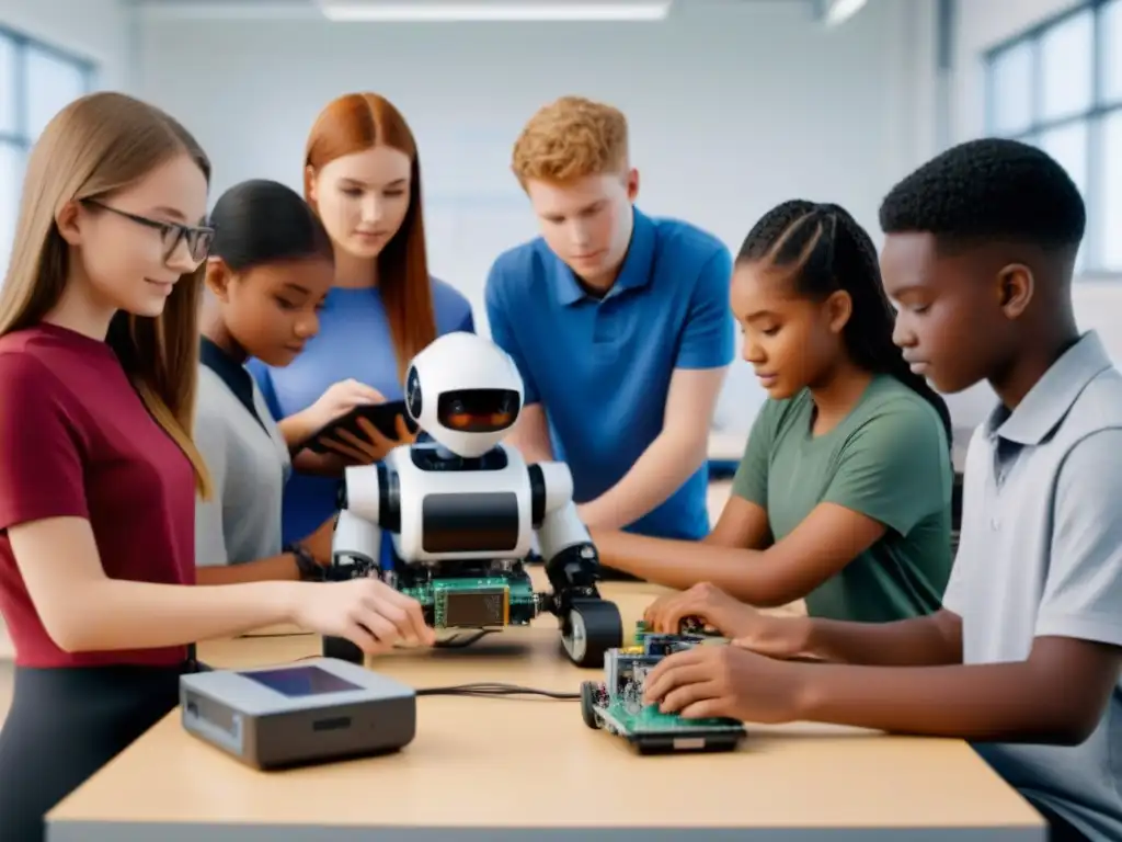 Capacitación en programación y robótica: Estudiantes colaboran ensamblando un robot en un aula luminosa y tecnológica