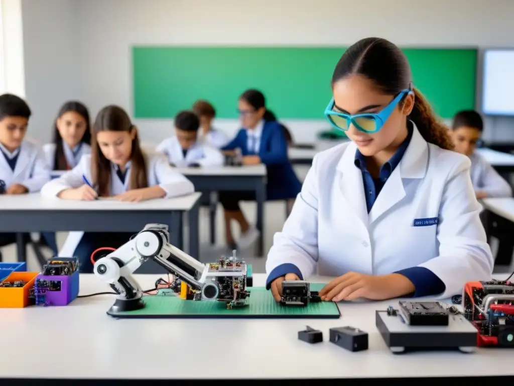 Capacitación en programación y robótica: Estudiante ensambla brazo robótico en aula moderna de Uruguay