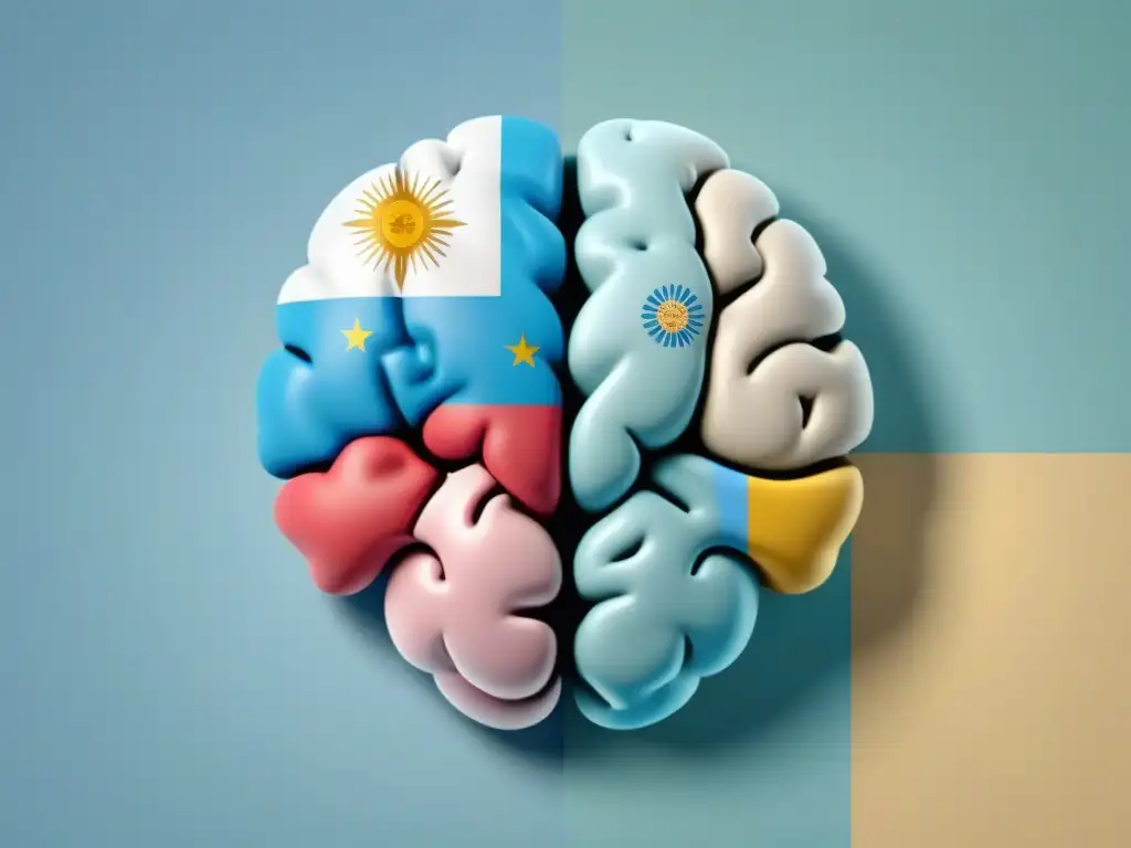 Un cerebro dividido en mitades, una con la bandera de Uruguay y la otra con una bandera bilingüe, en un fondo pastel