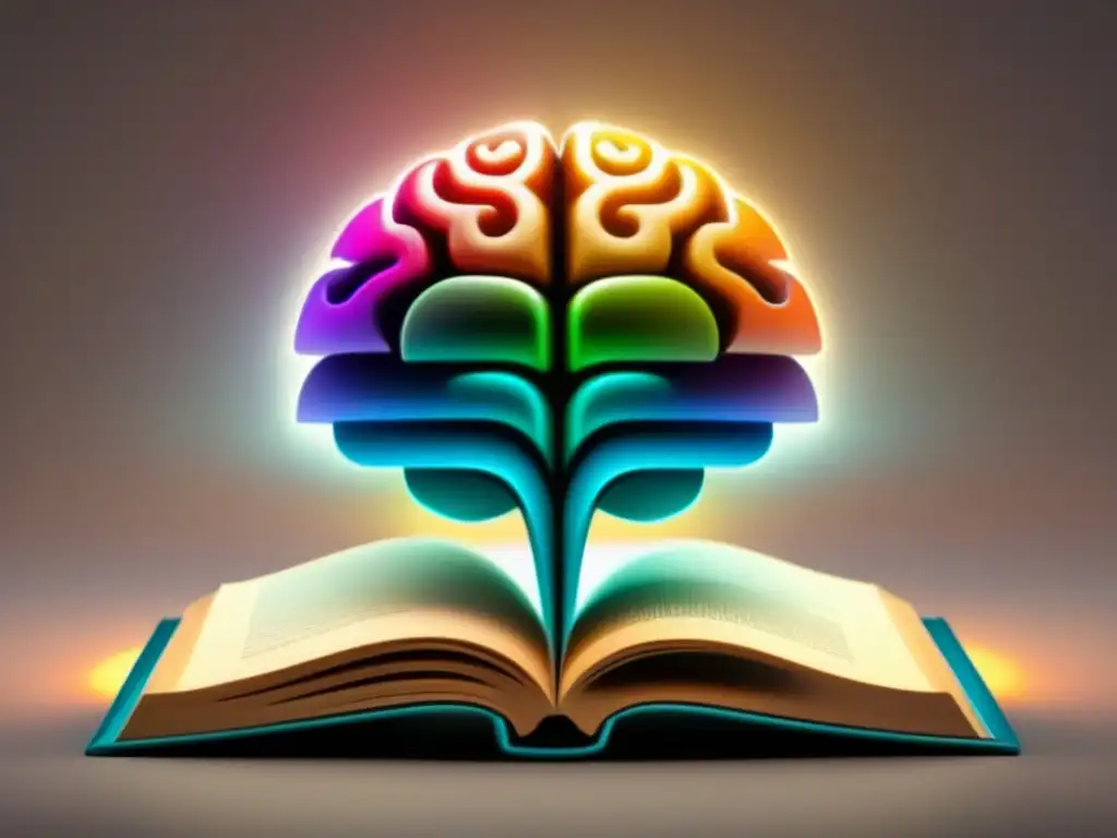 Un cerebro vibrante de libros conectados, simbolizando habilidades cognitivas, rodeado de rayos de luz