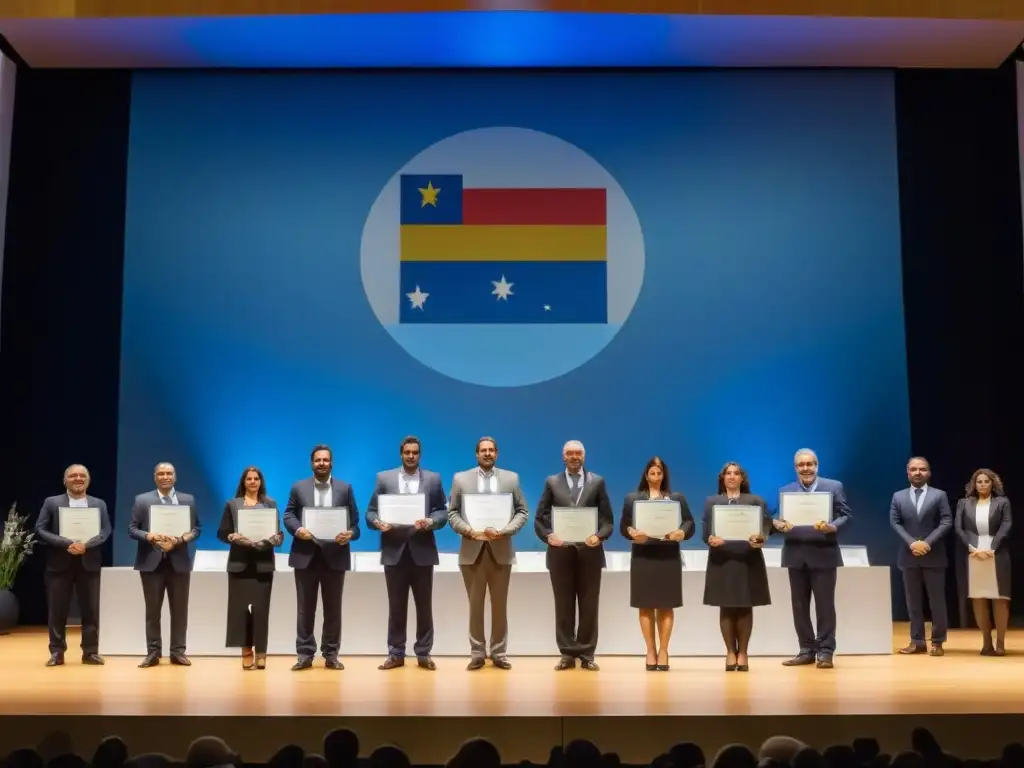 Ceremonia de certificación profesional en Uruguay, profesionales exitosos reciben certificados en un escenario con la bandera uruguaya