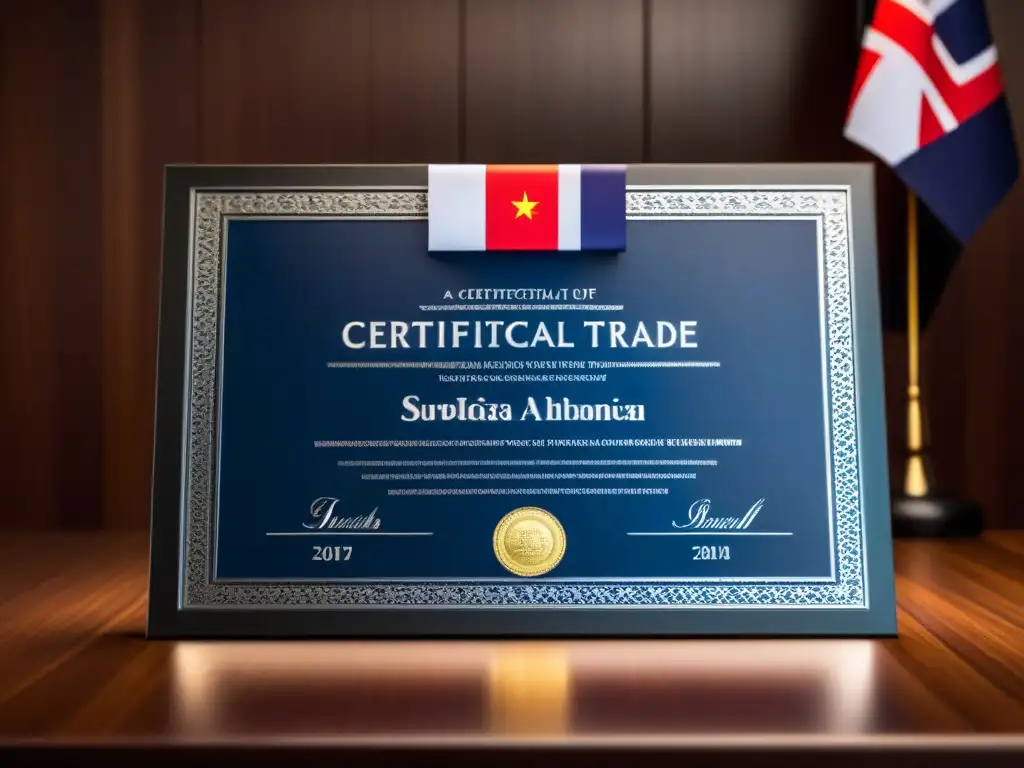 Certificado de Comercio Internacional: Elegancia en Detalles Una certificación elegante de Comercio Exterior Uruguay en un moderno diseño minimalista, sobre un escritorio de madera oscura