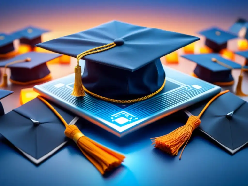 Fusión de certificaciones educativas en blockchain y gorros de graduación en una imagen moderna y profesional