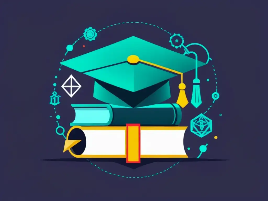 Fusión de certificaciones educativas en blockchain con símbolos académicos, transmitiendo innovación y profesionalismo en tonos azules y grises