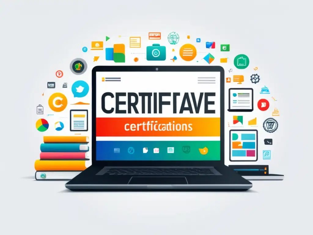 Certificaciones creativas: laptop moderno con iconos y oportunidades Certificaciones profesionales en la industria creativa de Uruguay: laptop moderno rodeado de íconos y gráficos coloridos
