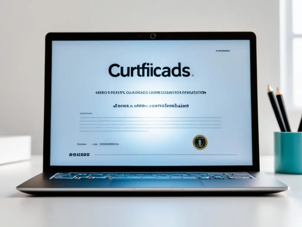 Un certificado digital de Cursos online certificados educación Uruguay en una laptop moderna y elegante sobre un escritorio blanco