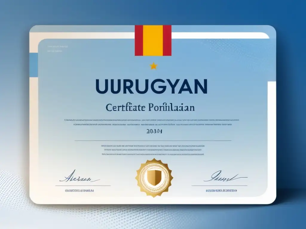 Un certificado digital elegante y minimalista para cursos en línea en Uruguay, con colores de la bandera uruguaya y elementos de validación