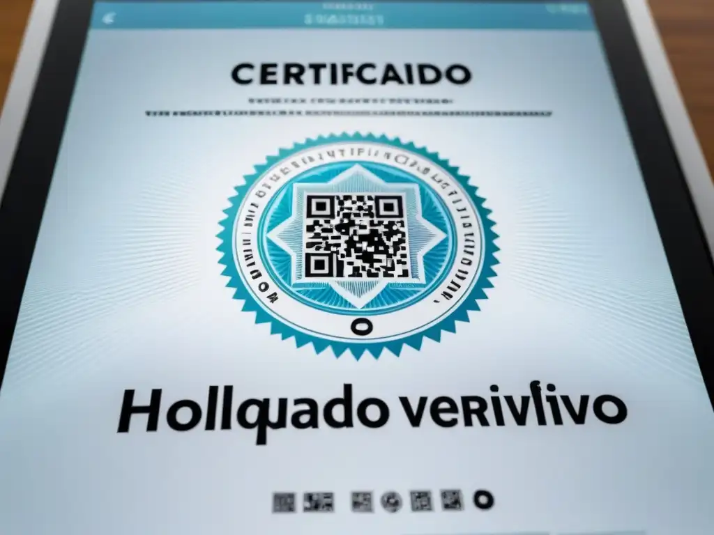 Un certificado educativo verificado de Uruguay con hologramas, marca de agua y código QR en pantalla moderna