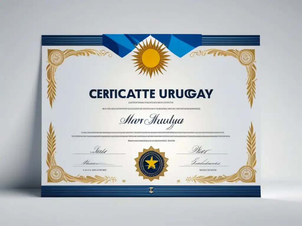 Un certificado moderno y detallado con patrones geométricos, incluyendo la bandera de Uruguay