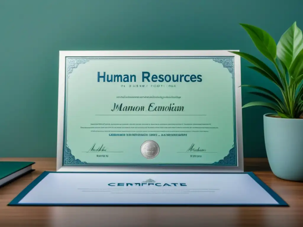 Certificado de Recursos Humanos en Uruguay con detalles plateados y fondo en tonos azules y verdes, sobre un escritorio minimalista