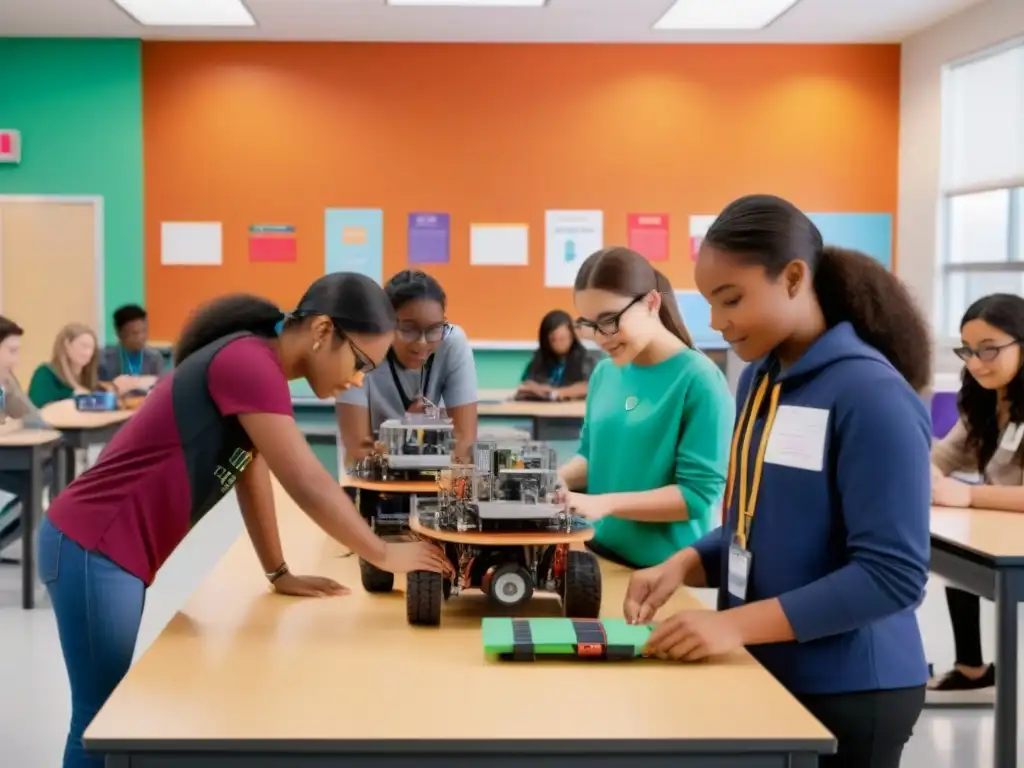 Inversión en educación STEM Uruguay: Estudiantes diversos disfrutan aprendiendo ciencia y tecnología en un aula moderna y colorida