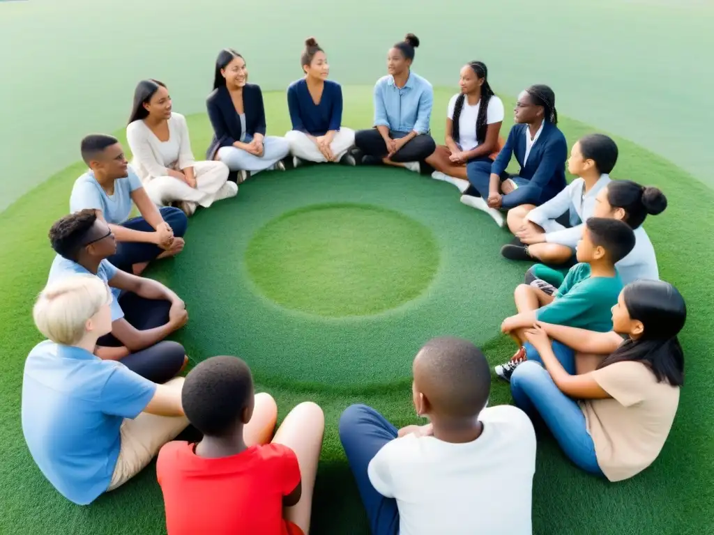 Un círculo armonioso de estudiantes diversos en un campo, reflejando la educación inclusiva en Uruguay