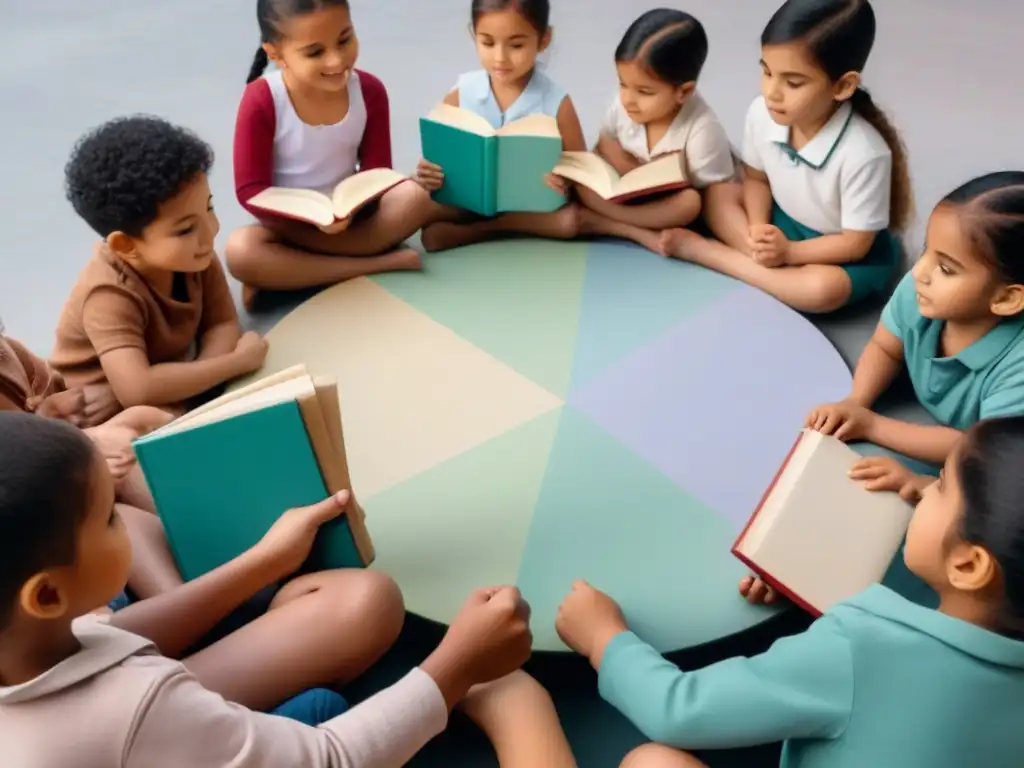 Un círculo armonioso de niños diversos participando en una actividad educativa bilingüe, destacando la colaboración y unidad