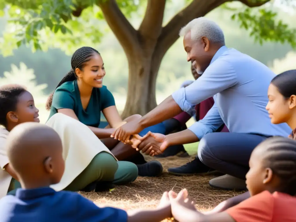 Un círculo diverso de personas colabora en Aprendizaje Basado en Proyectos Uruguay bajo un árbol, simbolizando unidad y crecimiento