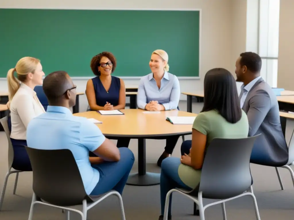 Profesionales de la educación colaborando en un taller de desarrollo Un círculo de docentes diversos colaborando en un taller de desarrollo profesional