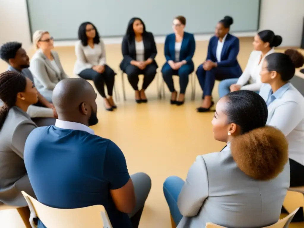 Un círculo de educadores diversos concentrados en un curso de capacitación docente en Uruguay, simbolizando desarrollo profesional y colaboración