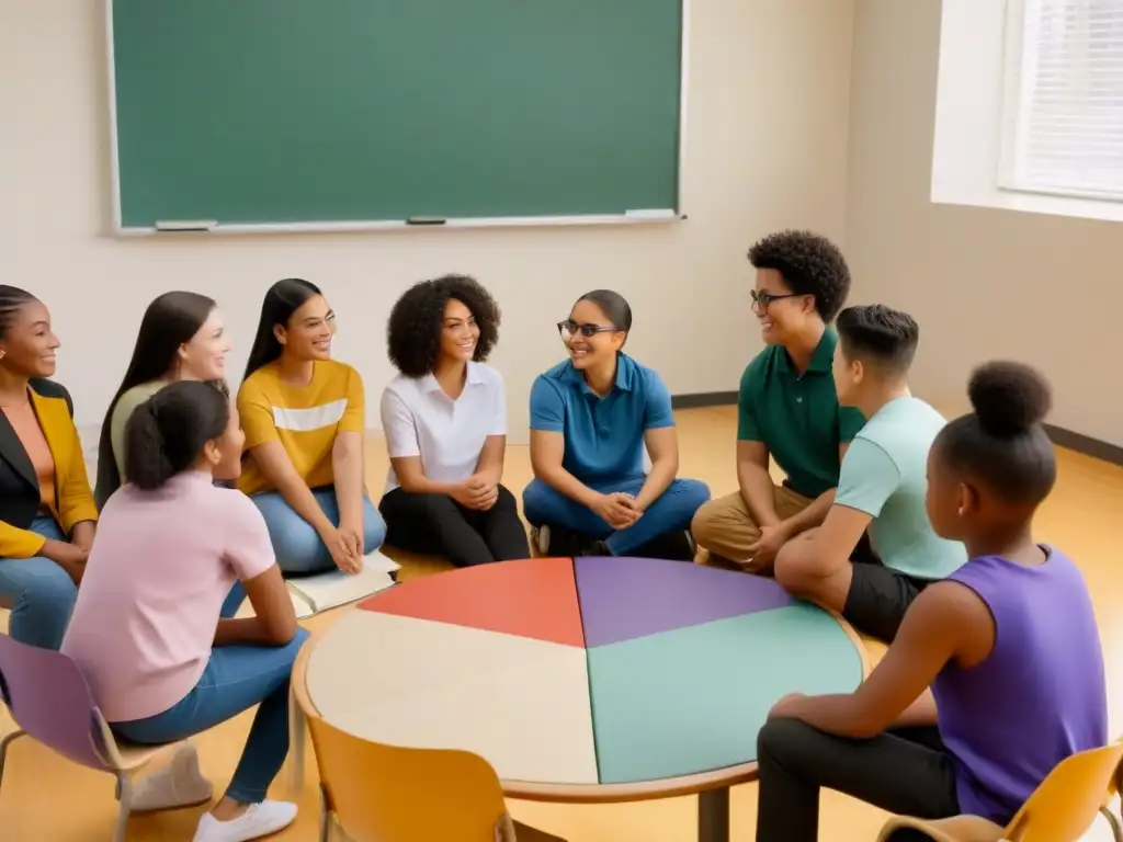 Un círculo de estudiantes diversos participando en una actividad grupal en un salón de clases, promoviendo la educación inclusiva en Uruguay