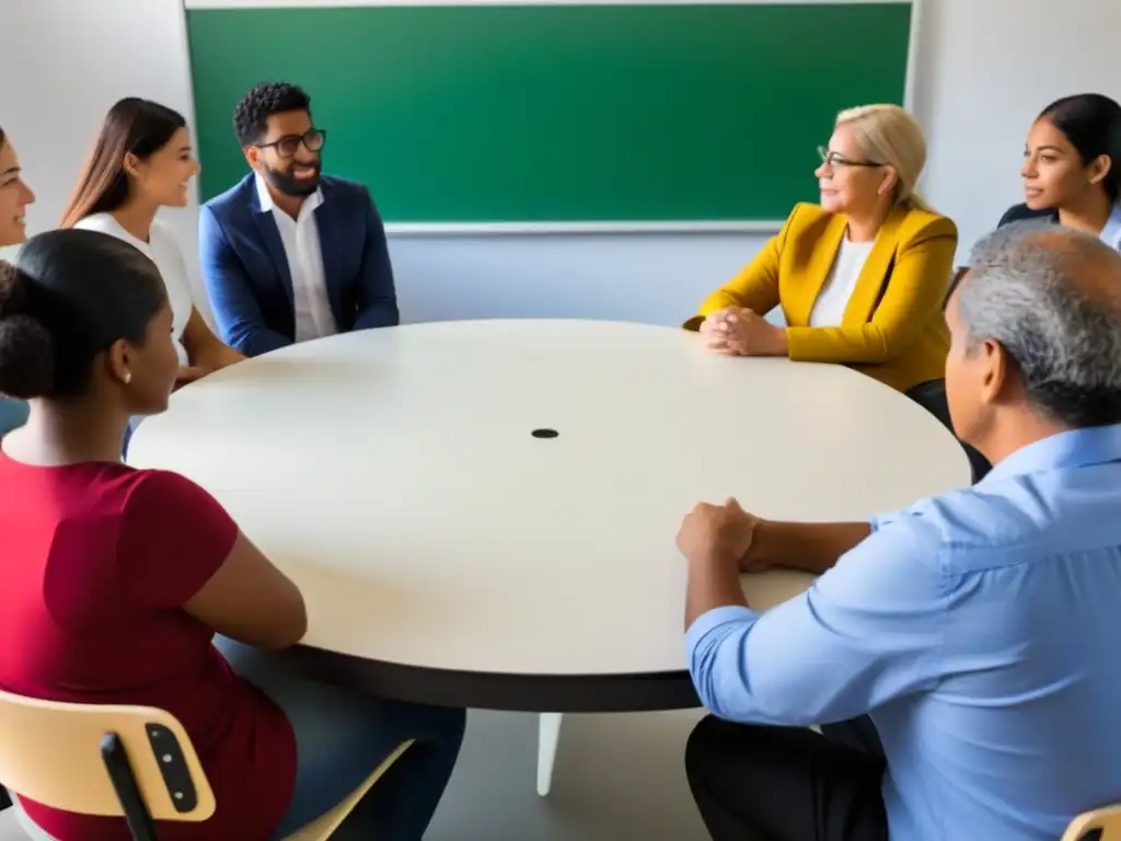 Un círculo de estudiantes adultos diversos discutiendo en un aula moderna, resaltando la importancia de las políticas educativas en Uruguay