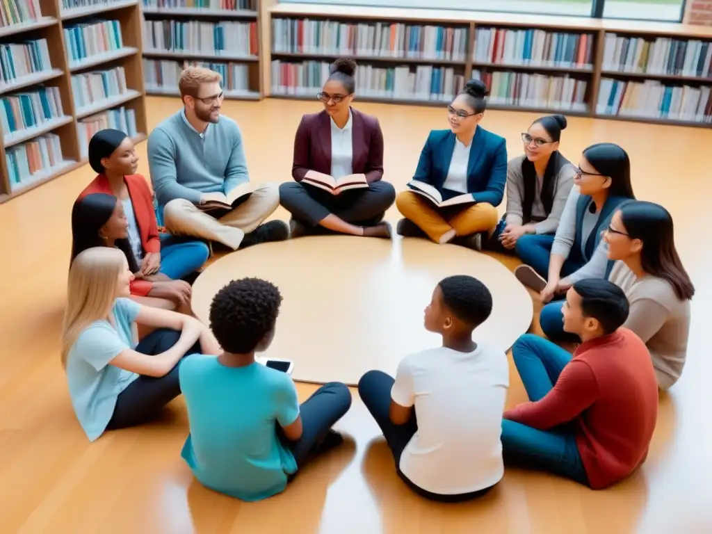 Un círculo de estudiantes diversos colaborando en una animada discusión, reflejando inclusividad