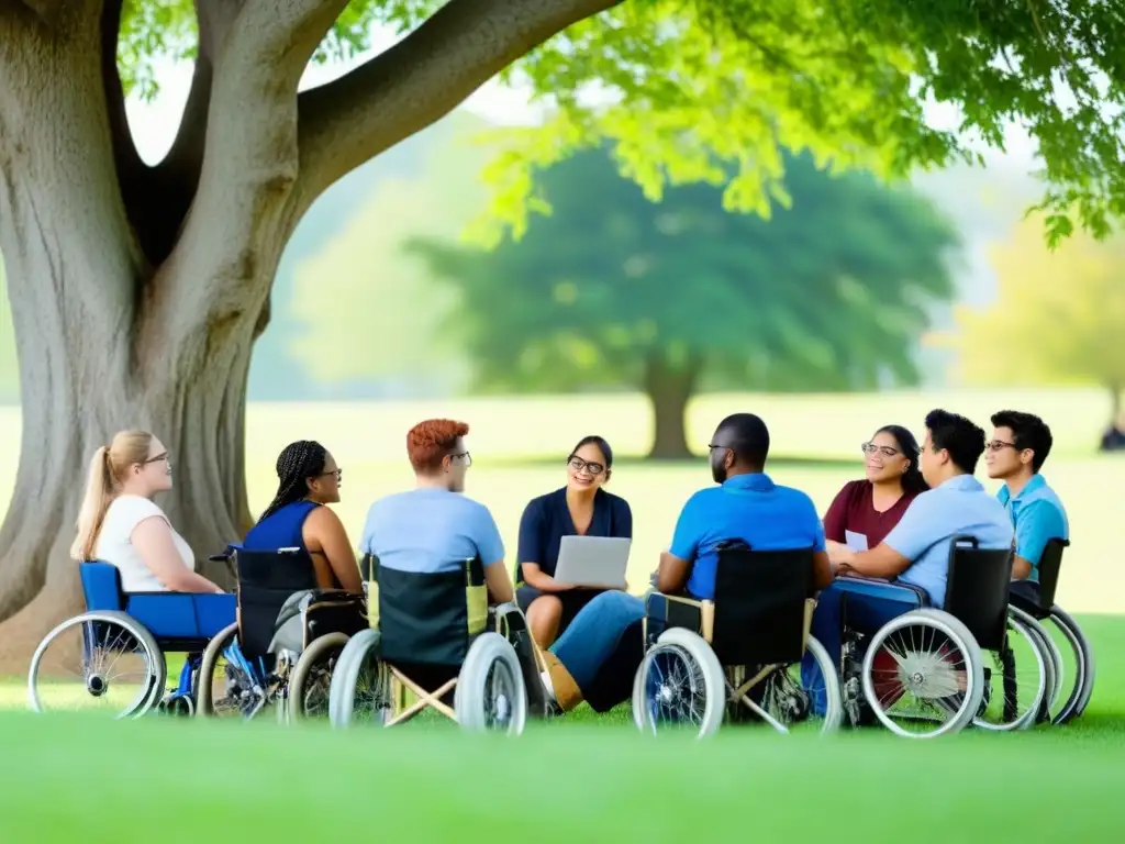 Un círculo de estudiantes diversos debatiendo bajo un árbol en un campo, reflejando la inclusión educativa en Uruguay