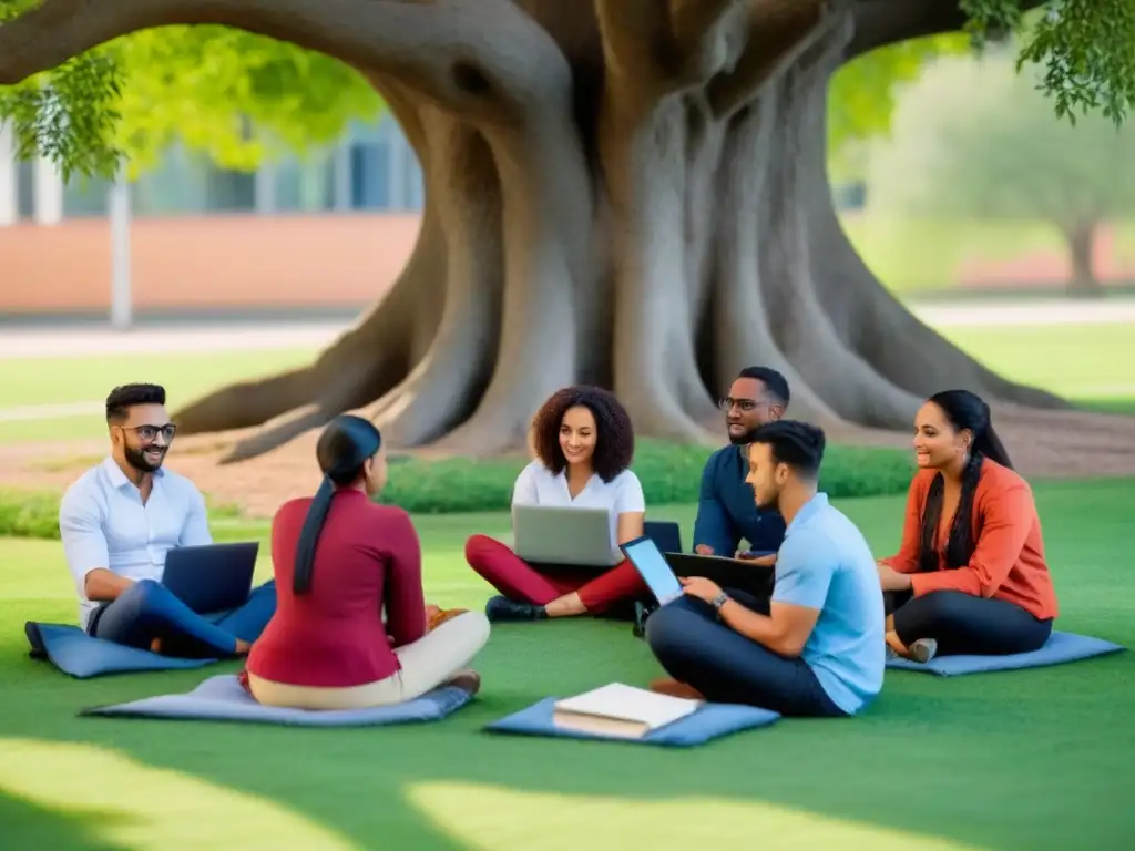 Un círculo de estudiantes diversos debatiendo bajo un árbol, con tecnologías emergentes en educación inclusiva