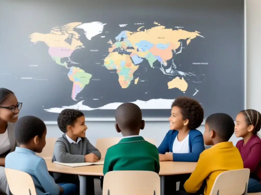 Un círculo de estudiantes diversos discutiendo en un aula moderna, destacando la educación en derechos humanos en Uruguay