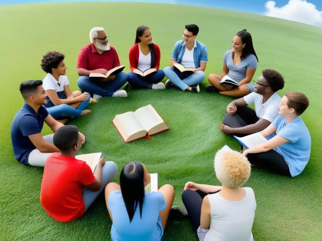 Un círculo de estudiantes diversos discutiendo en un campo, bajo un cielo azul