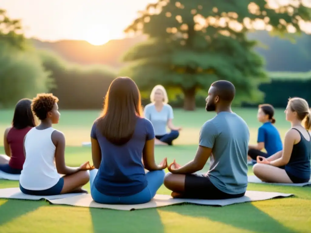 Un círculo de estudiantes meditando en un campo escolar al atardecer, transmitiendo paz y bienestar