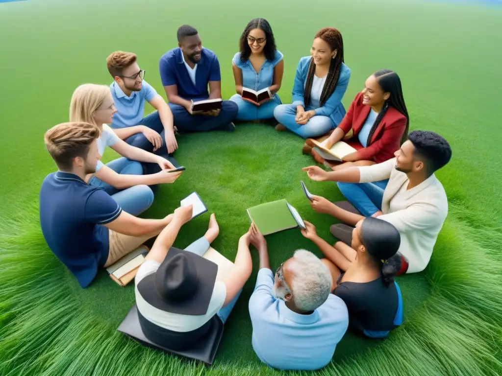 Un círculo de estudiantes diversos debatiendo animadamente en un campo verde bajo el cielo azul