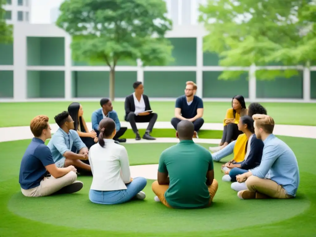 Un círculo de estudiantes diversos, concentrados y colaborativos en un campus verde y moderno