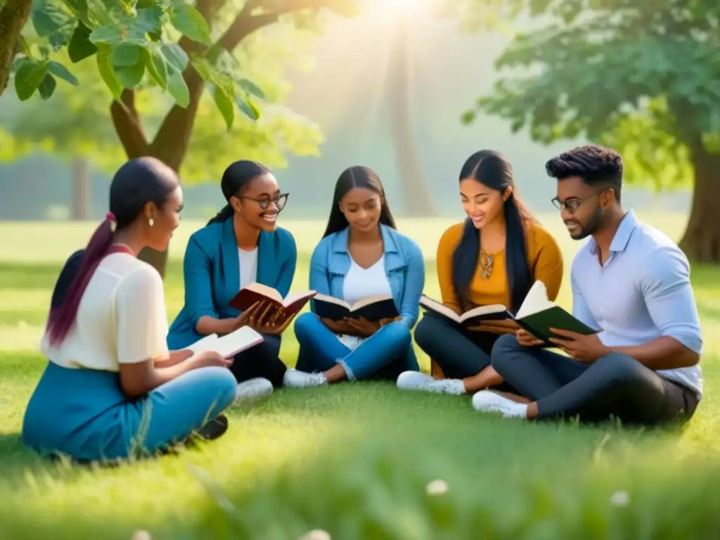 Un círculo de estudiantes diverso leyendo libros en un campo, bajo la luz del sol