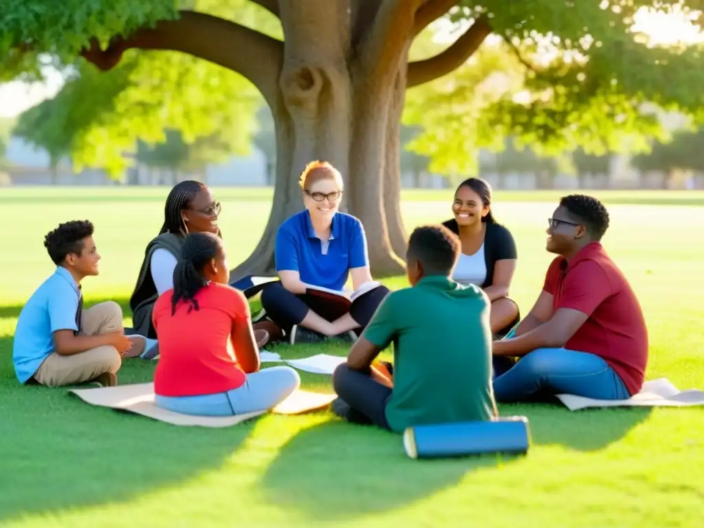 Un círculo de estudiantes diversos en una animada discusión bajo un árbol al atardecer