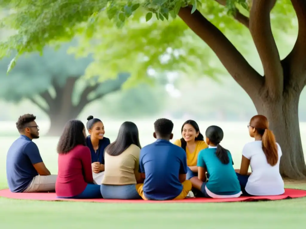 Un círculo de estudiantes diversos en armonía bajo un árbol, dialogando en un entorno educativo inclusivo postCOVID en Uruguay