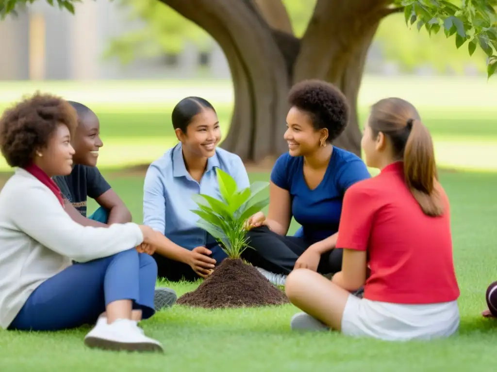 Un círculo de estudiantes diversos bajo un árbol, con expresiones de empatía y apoyo