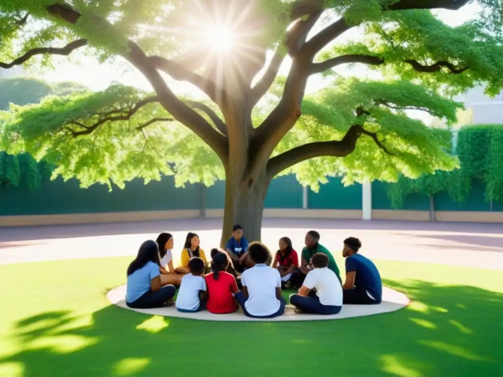 Un círculo de estudiantes diversos bajo un árbol en un patio escolar verde, simbolizando la importancia de la educación para la unión y diversidad