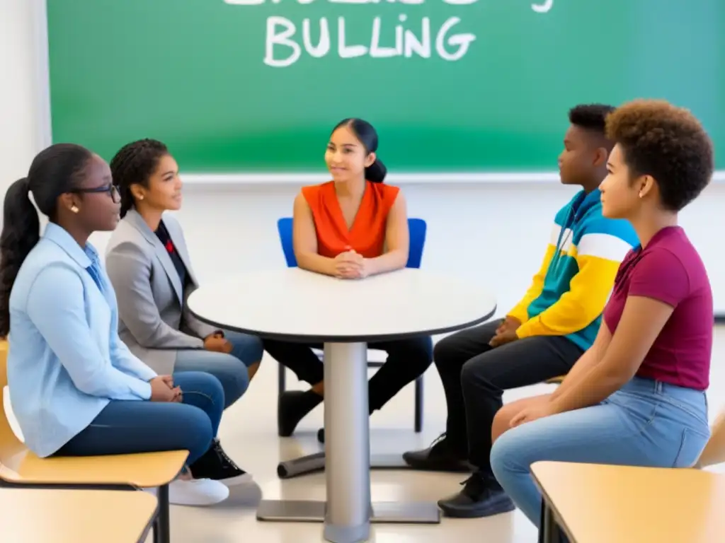 Un círculo de estudiantes diversos en un aula iluminada, dialogando con empatía y apoyo