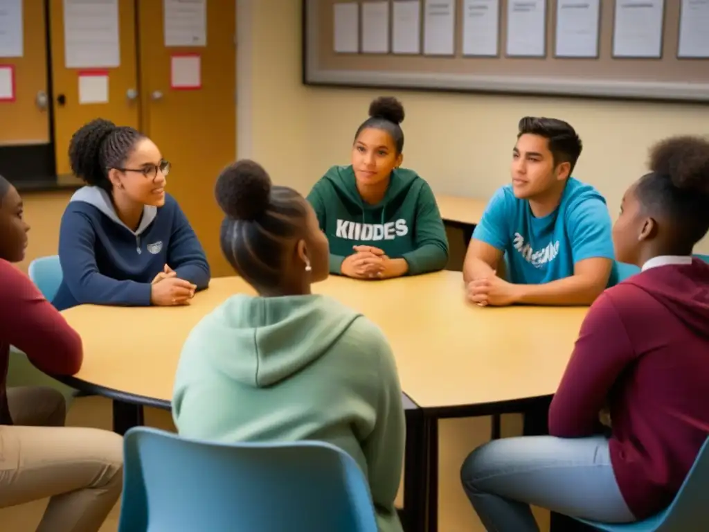 Un círculo de estudiantes diversos en aula iluminada, expresando empatía y unión