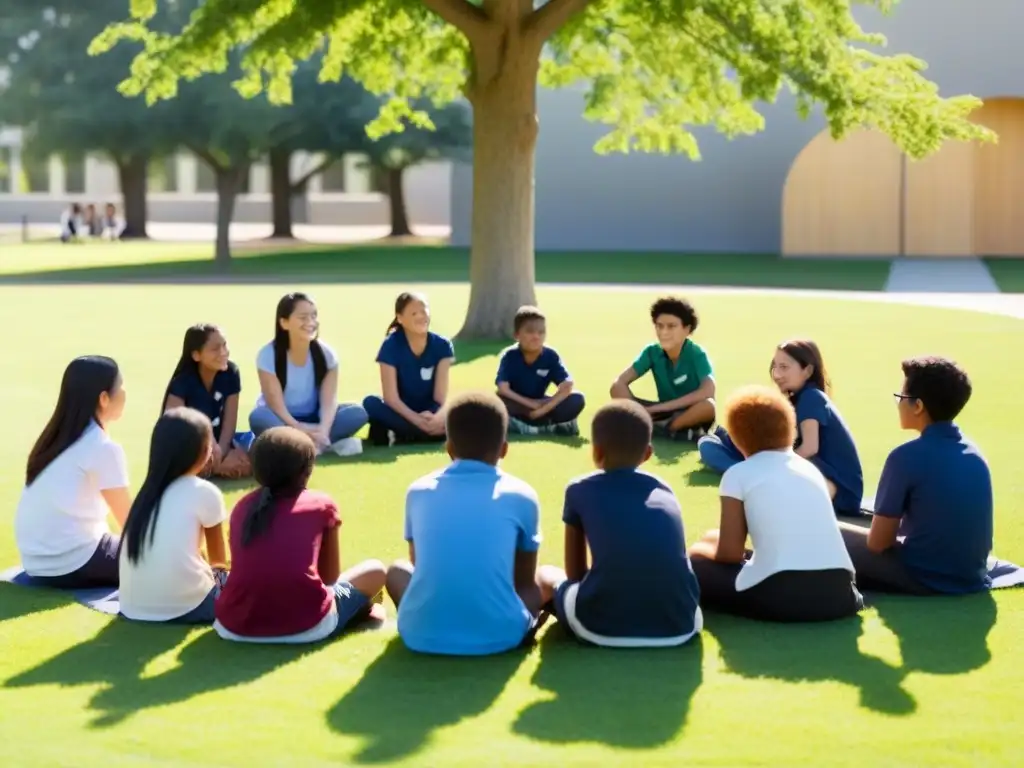 Un círculo de estudiantes diversos en un campo, expresando unidad y aprendizaje